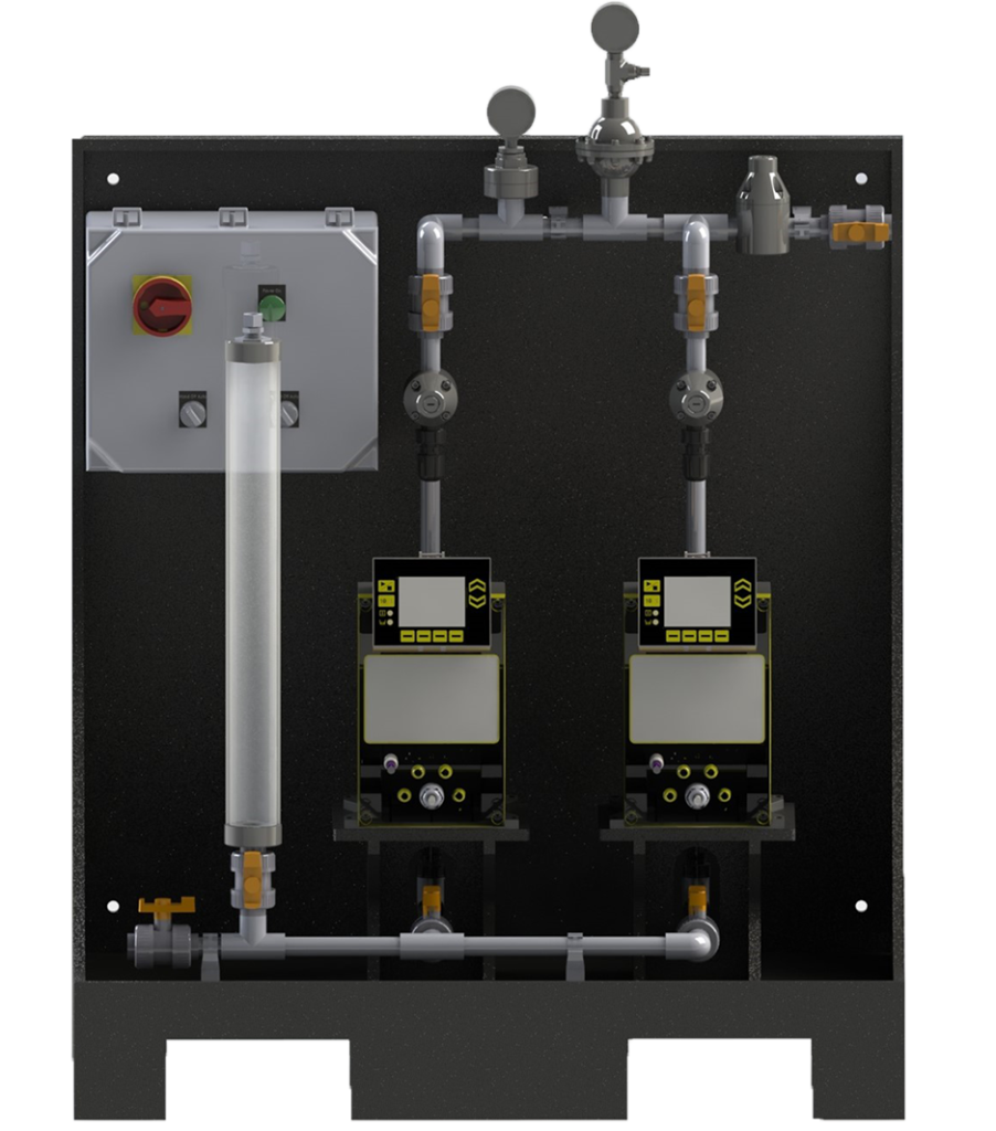 Shows a 3D rendering of a chemical feed skid