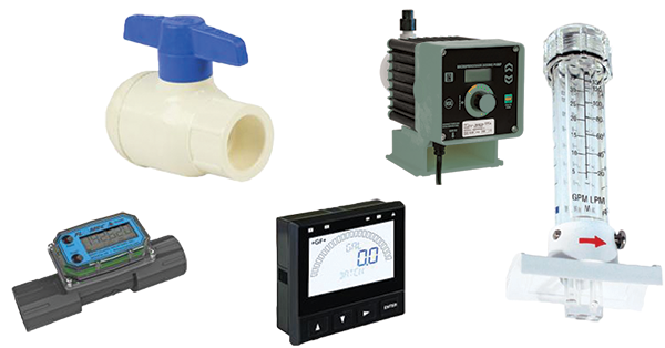 Components within a chemical feed skid that are crucial to ensuring accurate chemical dosing: flowmeter, valves, controls, pressure sensors, and pumps.